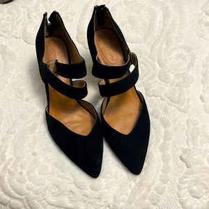 Corso Como suede heels with crisscross strap and zipper back.